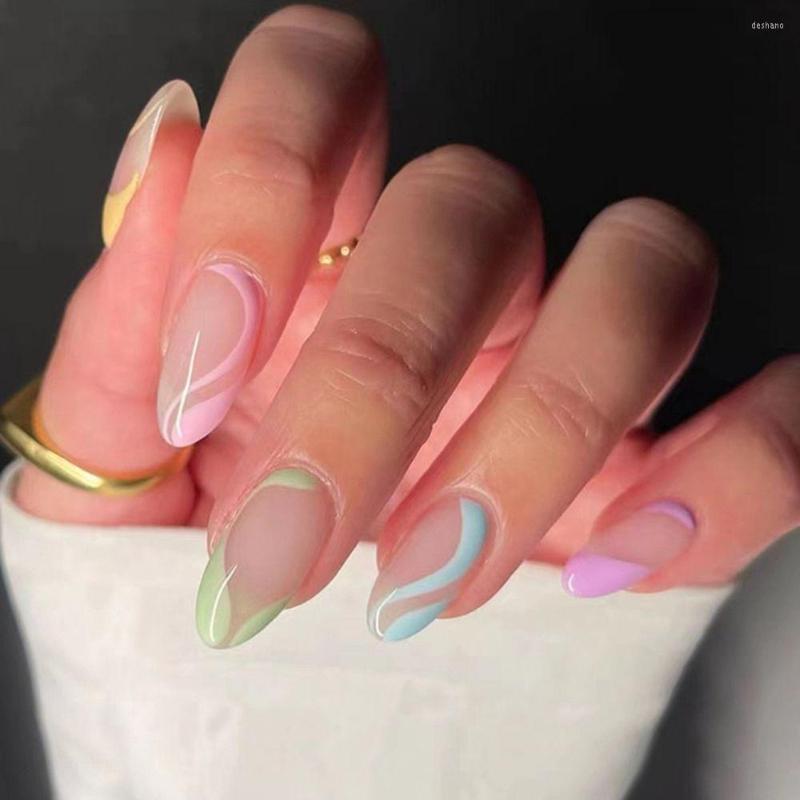 

False Nails 24Pcs Press On Rainbow Wave Lines Almond Designs Wearable French Acrylic Full Cover Fake Manicure Tips, 04