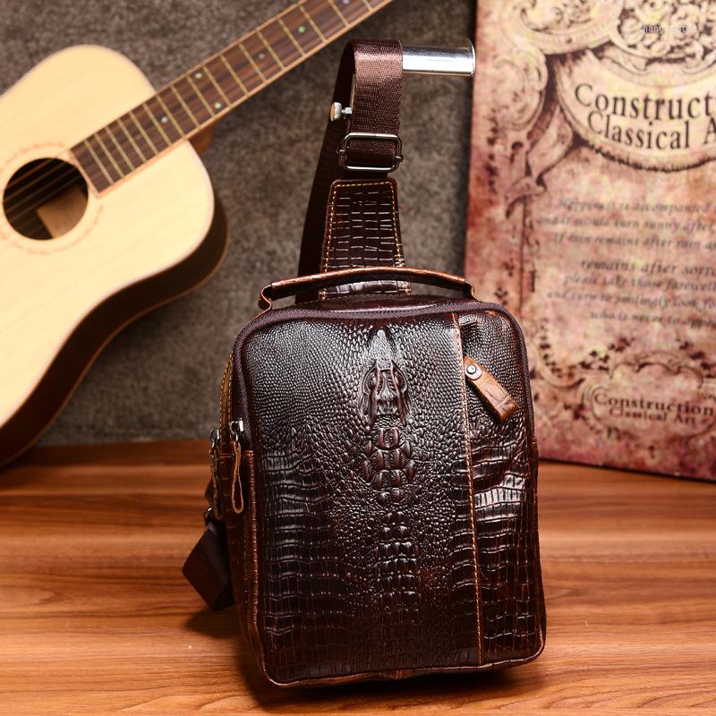 

Waist Bags Crocodile Pattern Cowhide Genuine Leather Men And Women Couple Bag Chest Fashion Crossbody Totes Handbag Messenger, Brown