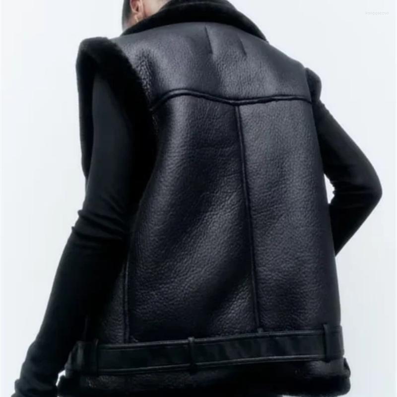 

Women's Leather UETEEY Winter Loose Version Of Motorcycle Clothing Fur Integrated Sheep Shear Sleeveless Turtleneck Lambskin Female, Black