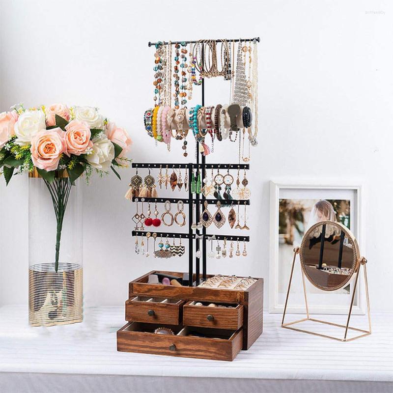 

Jewelry Pouches Earring Organizer Display Rack Stand Tree Storage Box With Wooden Base Hanging Drawer For Bracelet Ring Necklace