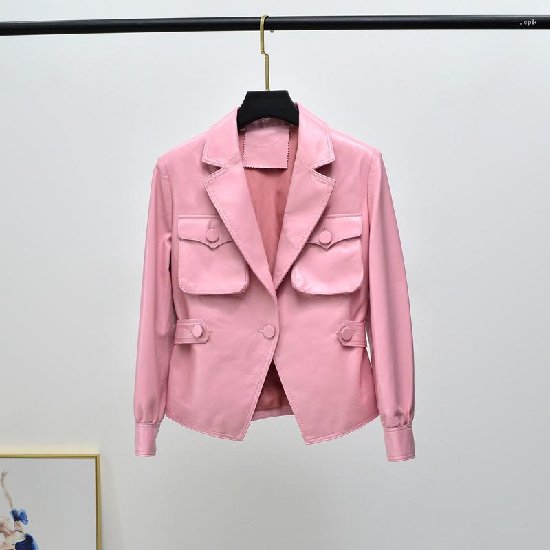 

Women' Leather Of Fund 2022 Autumn Female Sheep Skin Suit Jacket Short Belt Loose Fashion, See chart
