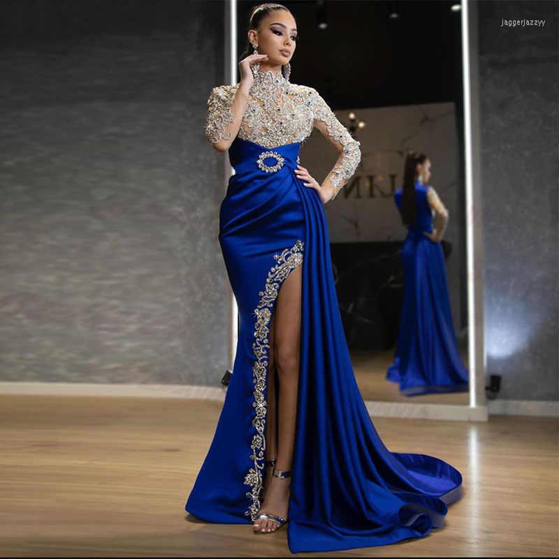 

Casual Dresses 93669 Blue Women Spring Elegant Long Sleeves Slim Fit Side Slit Patchwork Diamond Embroidery Gauze Evening Dress Female