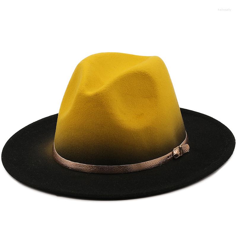 

Berets Panama Felt Fedoras Hats Women Patchwork Wide Brim Gradient Gold Belt Top Hat Men Artificial British Style Jazz Cap, Mz17036-2