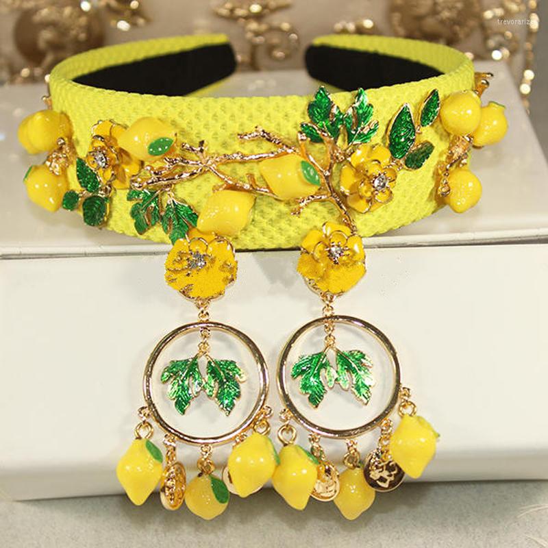 

Hair Jewelry Baroque Fashion Cute Yellow Lemon Flower Green Leaves Fruit Headbands For Women Luxury Vintage Earrings