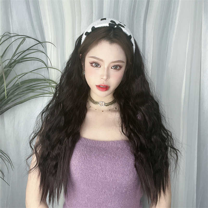 

Women's Hair Wigs Lace Synthetic Wig Women's Half Net Red U-shaped Wool Black Medium Long Curly Hair Head Cover