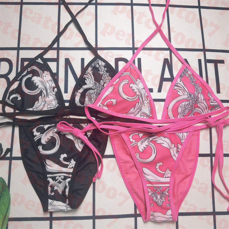 

Designer Pattern Bikini Set Textile Retro Style Swimsuit For Women V Neck Swimwear Two Colors