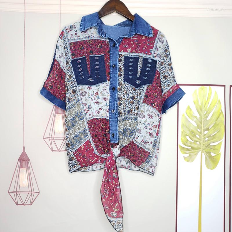 

Women's Blouses 2022 Short Sleeve Women Blouse Summer Denim Chiffon Spliced Shirts Loose Tops Print Shirt Chalecos Para Mujer, Picture color