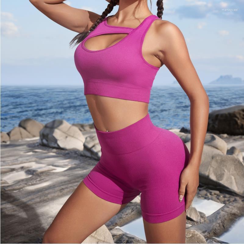 

Active Sets Seamless High Elastic Sportswear Women Yoga Set Underwear Round Neck Vest Running Sports Shorts Fitness Suit Gym Clothings, Purple pink