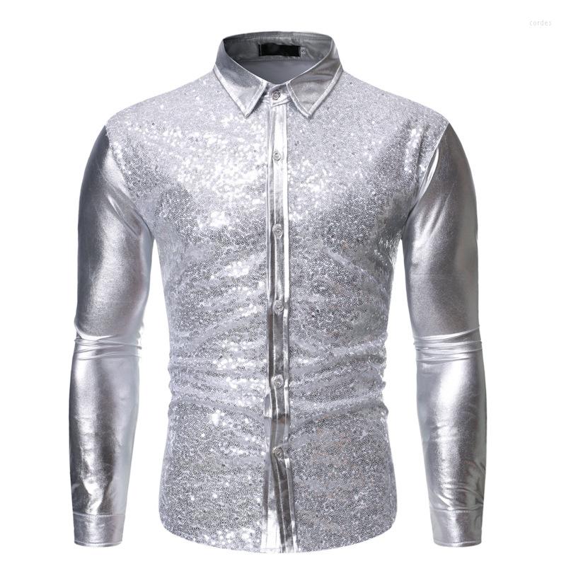 

Men's Casual Shirts Men Shiny Gold Sequins Shirt Camisa Masculina 2022 Brand Slim Fit Long Sleeve Mens Dress Stage Singers Chemise Homme, Black