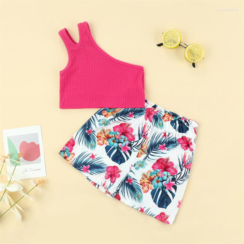 

Clothing Sets Toddler Baby Girl Summer Clothes One-Shoulder Solid Color Knit Ribbed Vest High Waist Flower Print Shorts 2 Pieces Set, Rose red