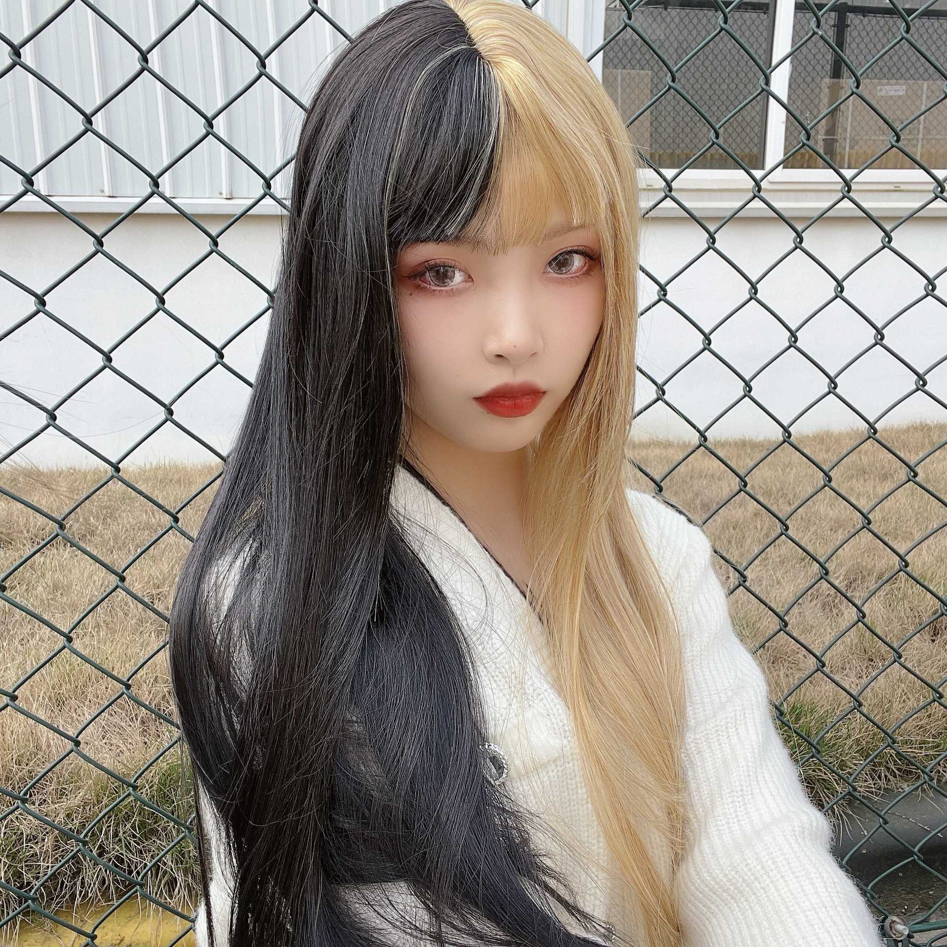 

Women's Hair Wigs Lace Synthetic Second Dimension Animation Cos Wigs Male and Double Color Personality False Hair Female Live, Black + pure white