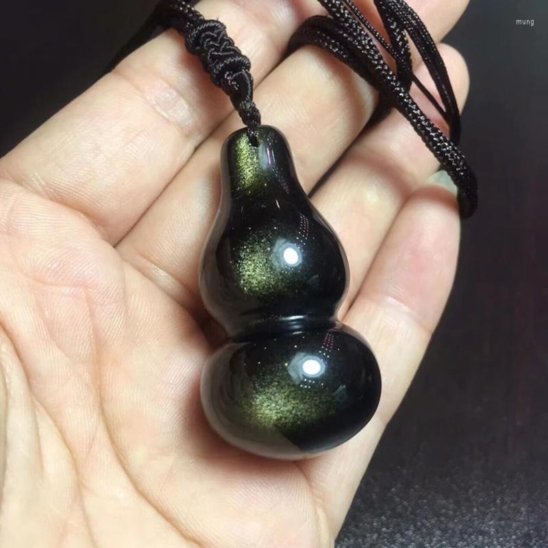 

Pendant Necklaces Wholesale Gold Black Natural Obsidian Stone Necklace Lucky Gourd Sweater Chain For Women Men Fashion Jewelry JoursNeige
