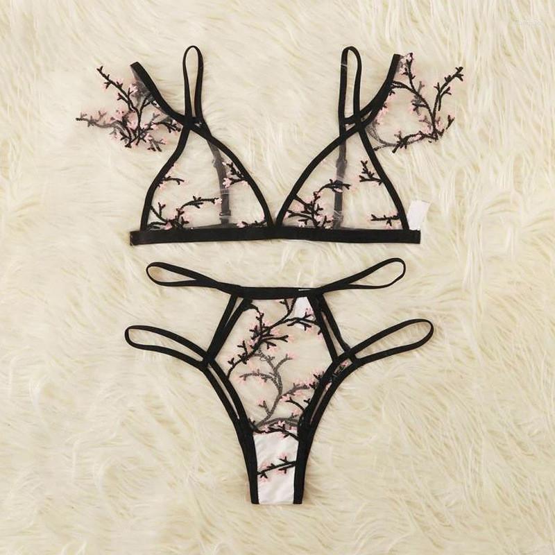 

Bras Sets Sexy Bra Set Embroidery Floral Mesh Lingerie Push Up Bralette Hollow Out Thong Women Intimates Underwear Transparent