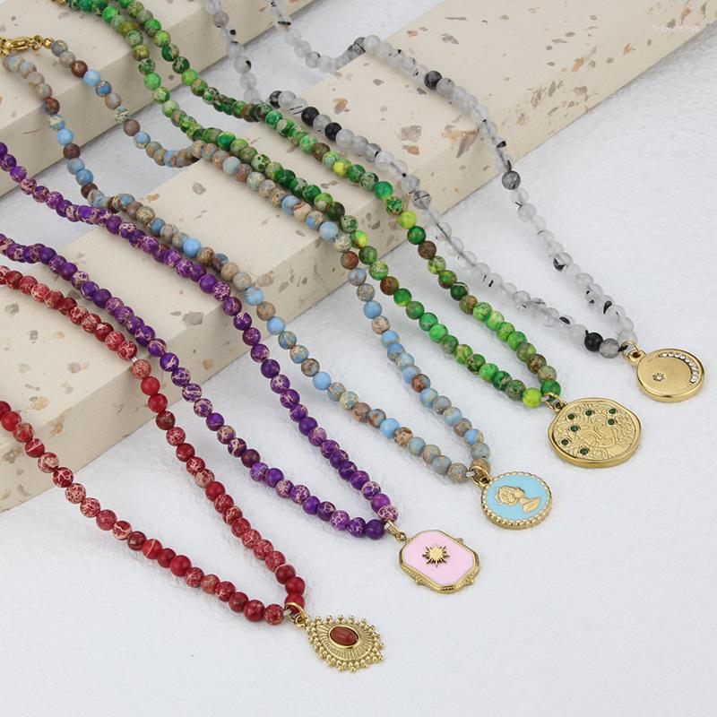 

Pendant Necklaces 4mm Natural Emperor Stone Beaded Necklace For Women Men Bohemian Handmade Jewelry Titanium Steel Round Gifts