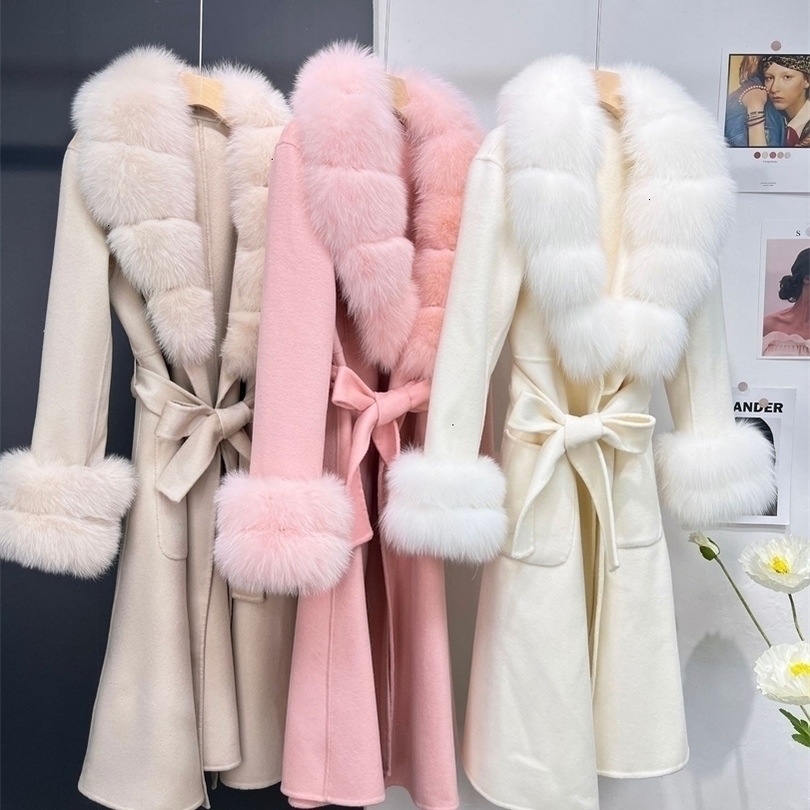 

Womens Wool Blend Real Fur Coat Jacket Female Lady Collar Coats Jackets Long Trench 221113, Pink