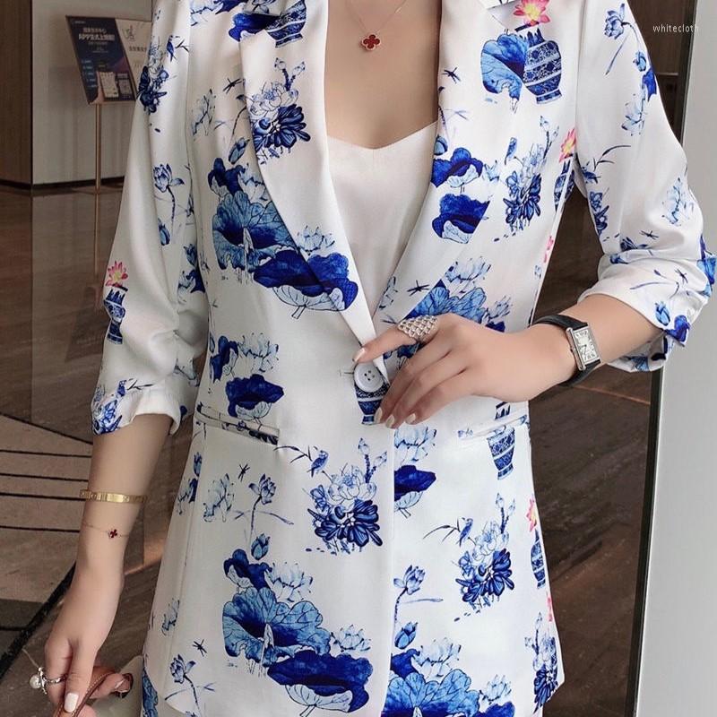 

Women' Two Piece Pants 2022 Satin Suit Female Summer Fashion Chinese Style Blue White Porcelain Print Slim Wide Leg Two-piece Set Suits, Mixed color