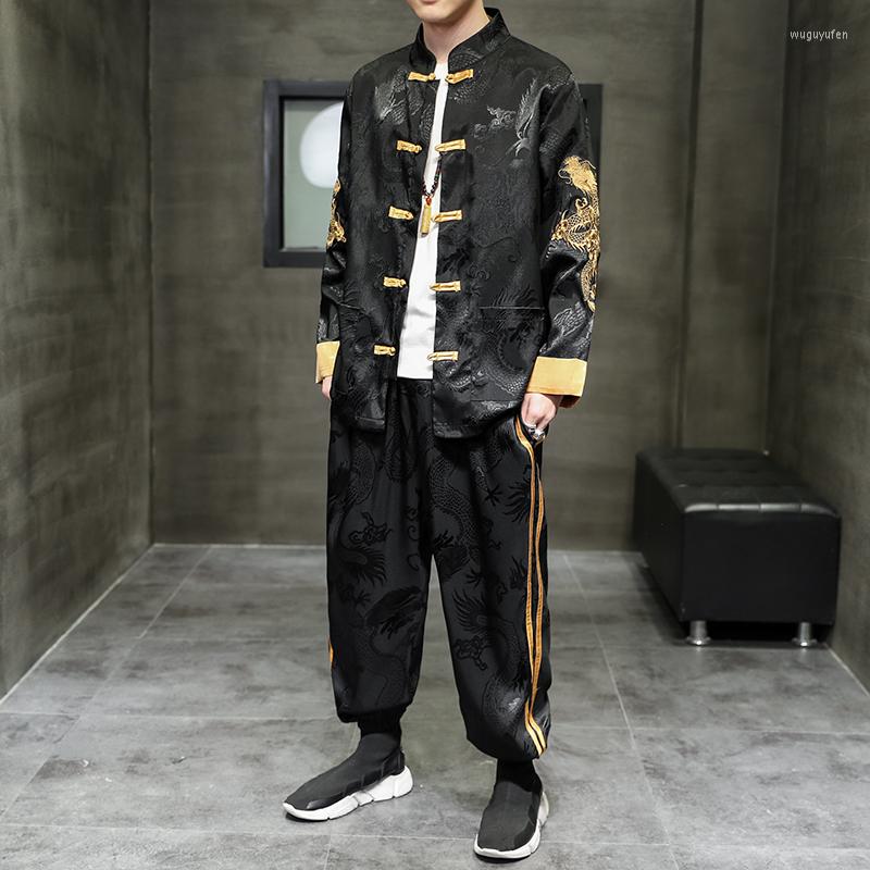 

Ethnic Clothing Gold Buckle Chinese Embroidery Jacket Mens Luxury Silk Two Piece Set Smooth Soft Satin Tang Han Suit Year Clothes Streetwear