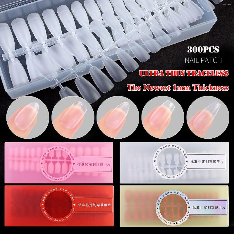

False Nails 300pcs Press On Almond No Need Grinding Full Scrub Traceless Ultra Thin Clear, 01