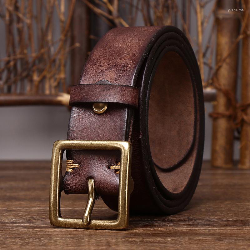 

Belts Vintage Brass Belt Buckle Leather For Men Waist Retro Cowboy Jeans Genuine Cowskin Ceinture, Black