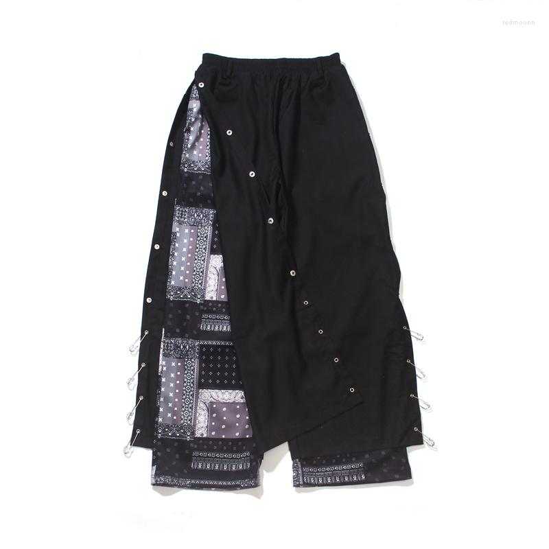 

Men's Pants Men's Floral Print Patchwork Long Loose Trousers Hip-hop Wide Leg Metal Decor Casual, Black