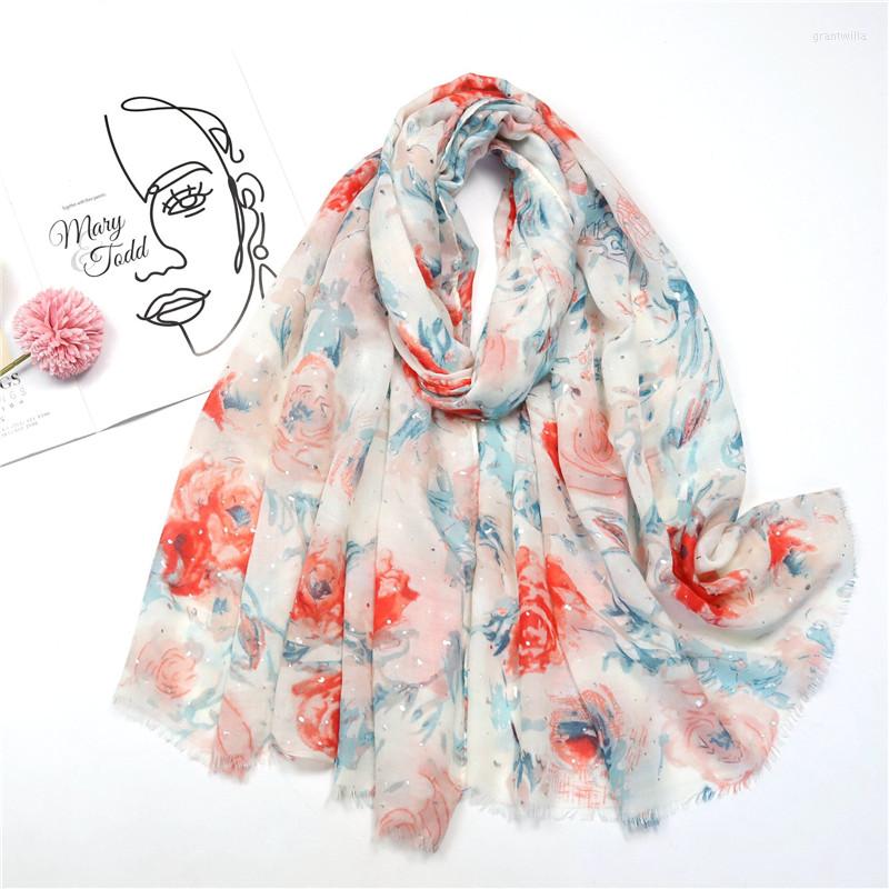 

Scarves Lightweight Fashion Flowers Print Women Cotton Wrap Head Shawls For Spring Silver Glitters Shimmer Oversized Scarf