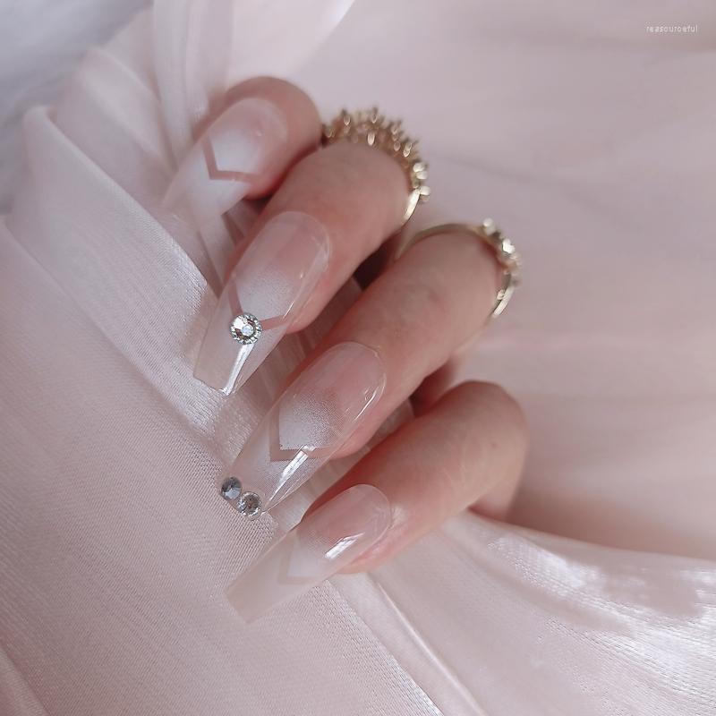 

False Nails 24pcs Luxury Jewelry Long Ballet French Coffin Fake Crystal Diamond Press On Nude, Complexion