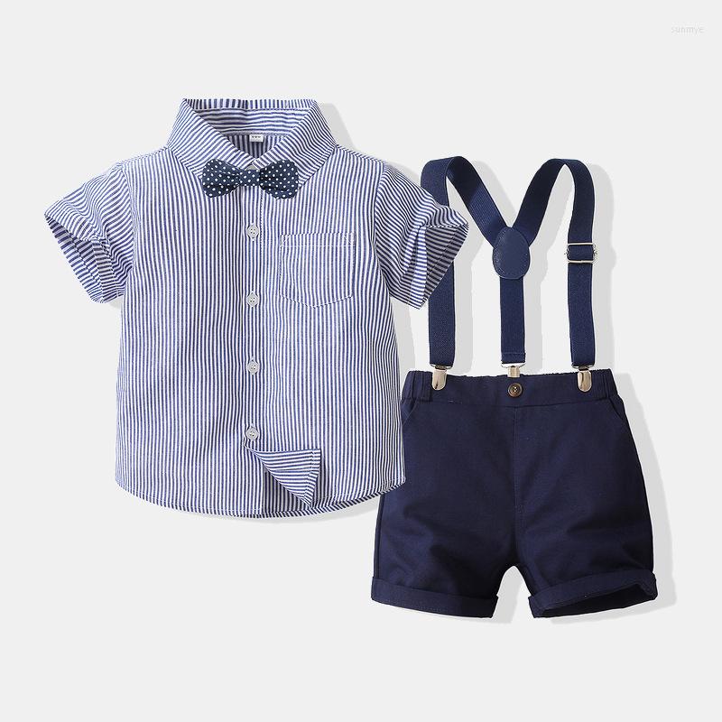 

Clothing Sets Baby Boy Summer Clothes 2022 European And American Style Gentleman Striped Short Sleeve Shirts Overalls 2 Piece Outfit, Blue