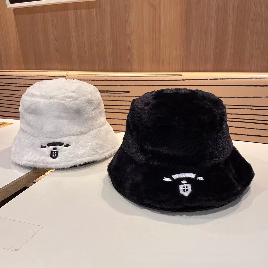 

wide brim hats letters embroidery lamb fur bucket hat with short brim plush basin caps autumnwinter cap, Black