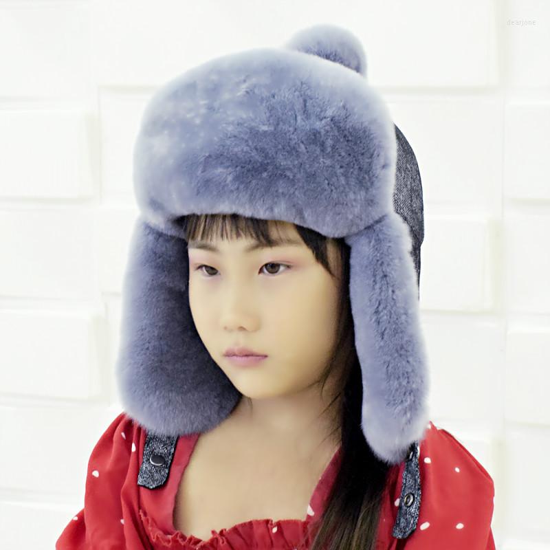 

Hats Winter Warm Hat For Girls Natural Pompom Fur Bomber Earflap Cute Kids Real With Balls, Black