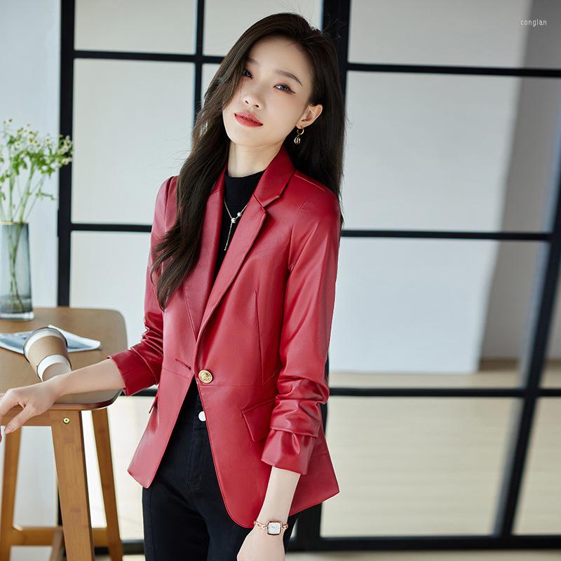 

Women' Leather Red Suit Jacket Women' Short Autumn High-class Slim Casual Formal Office Lady Single Button Suede