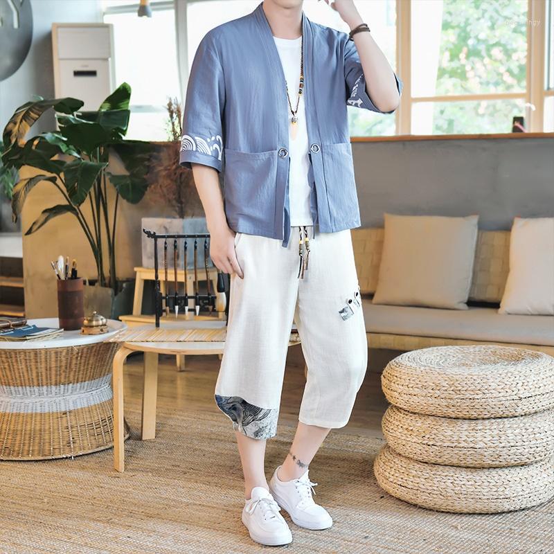 

Ethnic Clothing Plus Size 5Xl Chinese Style Vintage Tracksuit Men Half Sleeve Top Cropped Pants 2 Piece Sets Loose Fit Summer Man 30824
