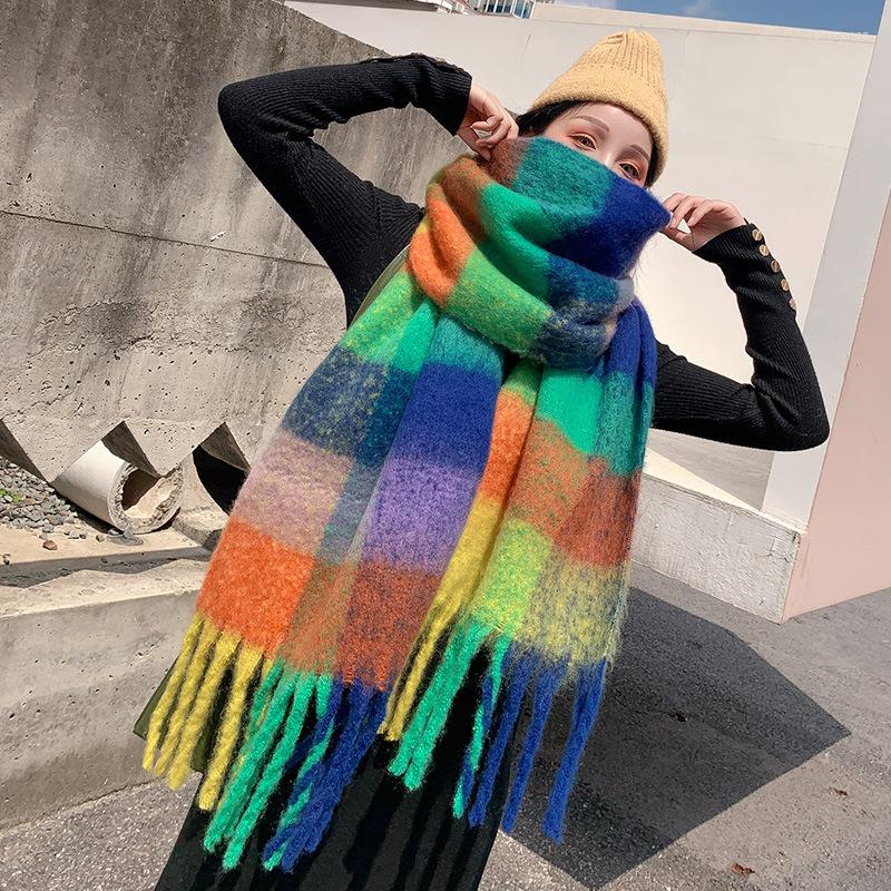 

Scarves Winter Scarf Same Style Neck Decoration 2022 Colored Plaid Mohair Keep Warm Neckerchief Cashmere Female Shawls UNISE