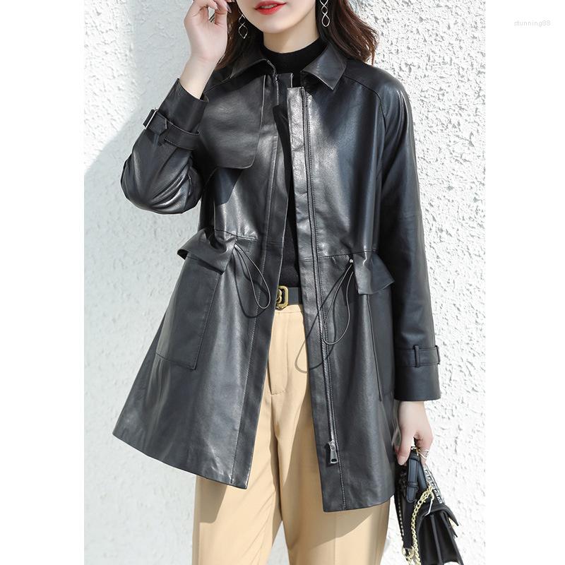 

Women' Leather 2022Women' Windbreaker Sheepskin Fashion Zipper Long Temperament Garment, Black