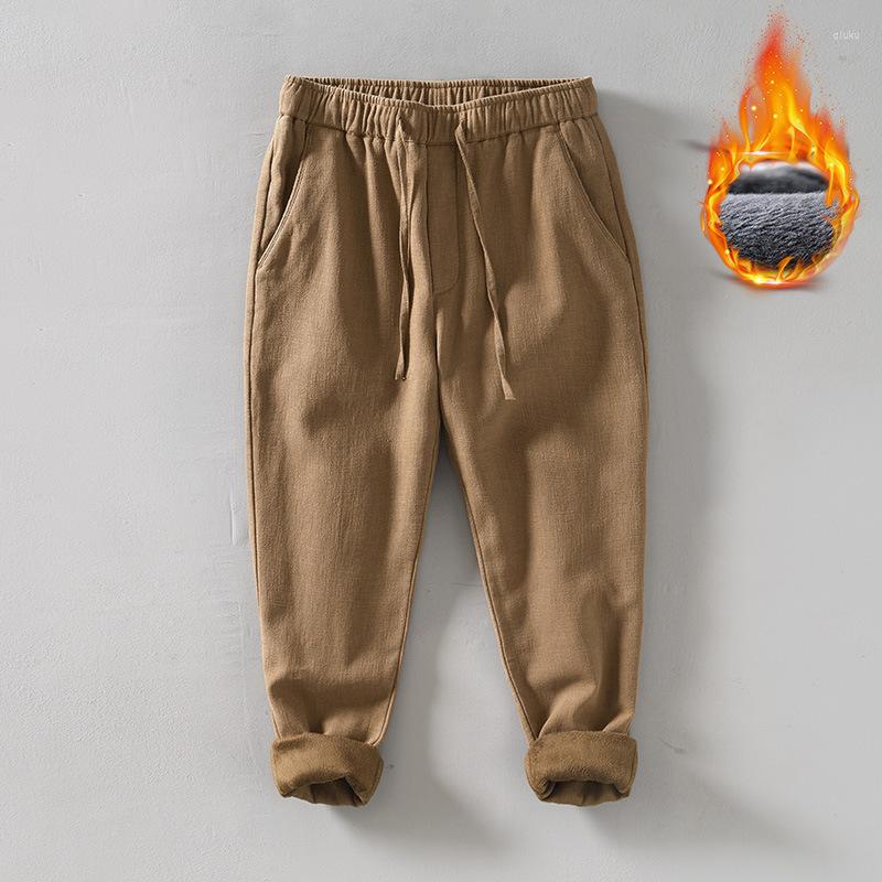 

Men's Pants 8234 Men Winter Thicken Fleece Warm Elastic Waist Premium Cotton Linen Japan Style Simple Solid Color Basic Retro Trousers, 8234 blue