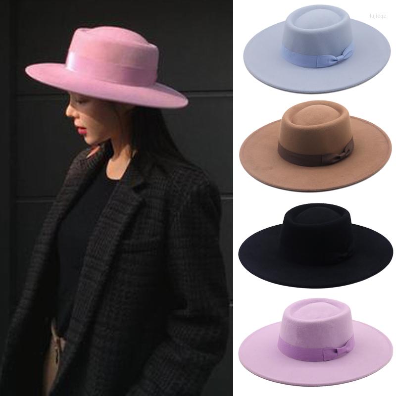 

Berets 2022 Wide Brim Bowknot Solid Color Bowler Hat Ladies French Retro British Woolen Jazz Autumn And Winter Panama, Blue