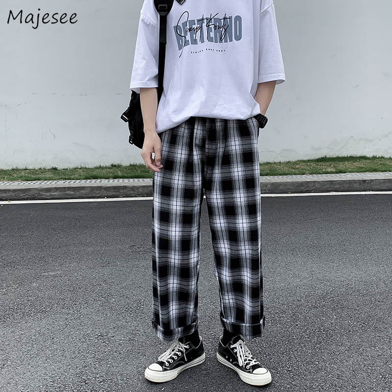 

Men's Pants Men Casual Plaid Ankle Length Loose Wide Leg All-match Elastic Waist Fashion Trousers Streetwear Harajuku Korean Retro Ins 221114, Black-white