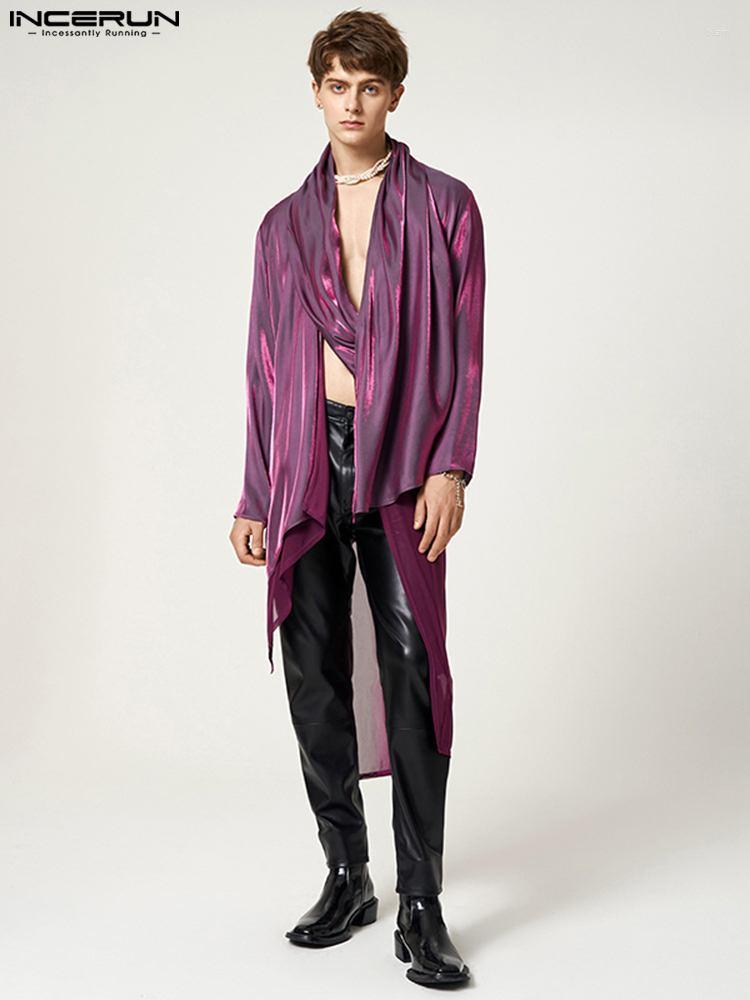 

Men' Casual Shirts INCERUN Men Shirt Mesh Patchwork V Neck Long Sleeve Fashion Irregular Cardigan Streetwear 2022 Shiny Asymmetric Kimono, Black