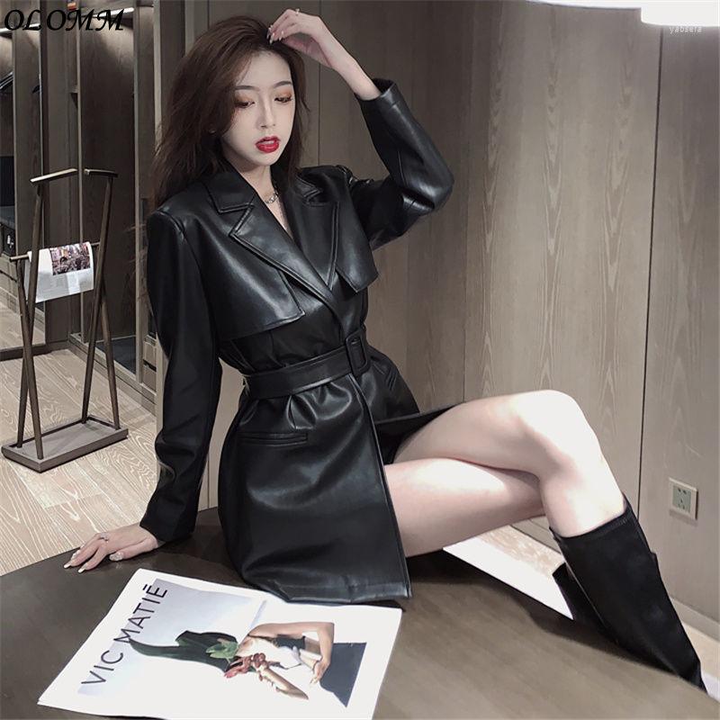 

Women' Leather Super Belt Windbreaker Autumn Waist Slim Mid Length Black Jacket Female Dress Women Coat Streetwear