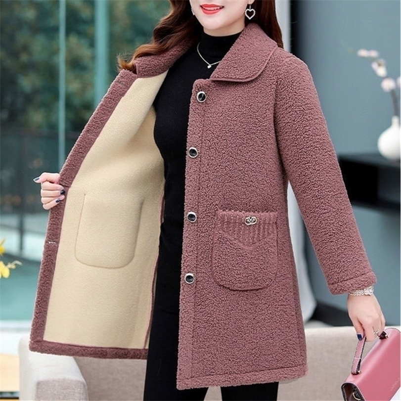 

Womens Wool Blends Middleaged Mothers Faux lamb Coat Autumn Winter Loose Longsleeve Outerwear Solid Female Jacket Parkas Casual Tops 221113, Green 1a