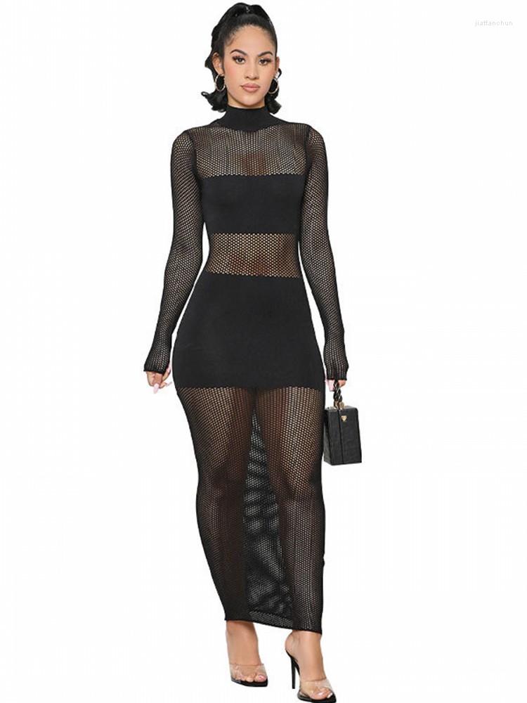 

Casual Dresses Slim Sexy Dress For Women Hollow Out See Through Mesh Long Sleeve Bodycon Vestidos Party Night Club Femme Robes, Black