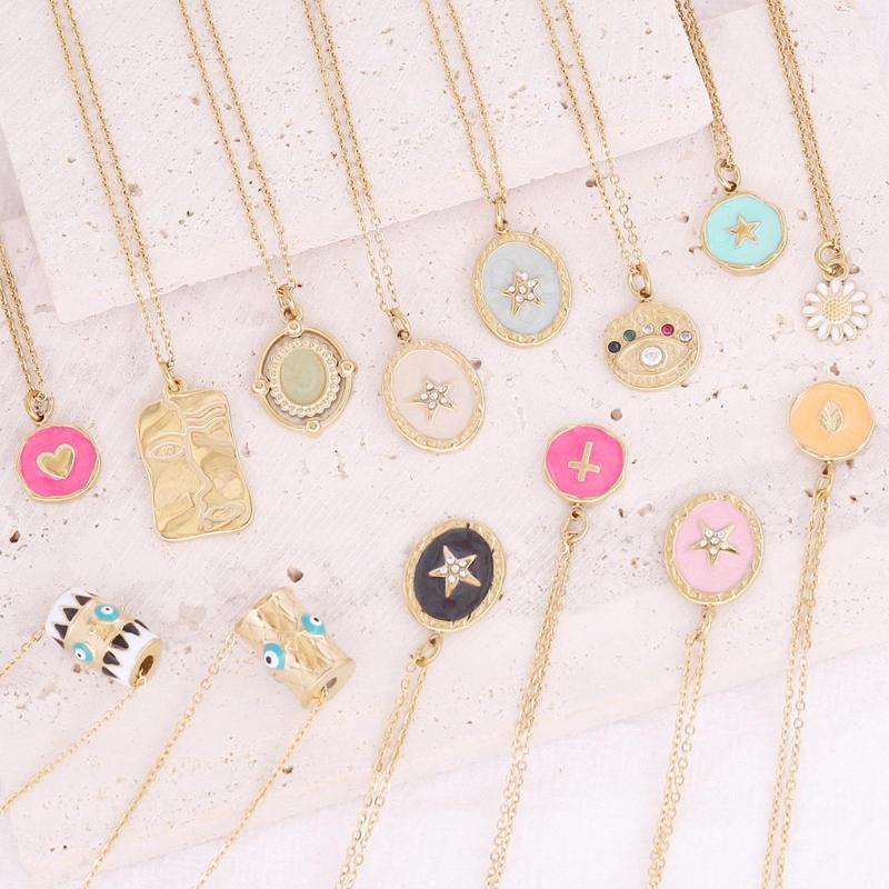 

Pendant Necklaces Fashion Multicolour Cubic Zirconia Necklace Geometric Stainless Steel Enamel Women Jewelry Gold Color Link Chain
