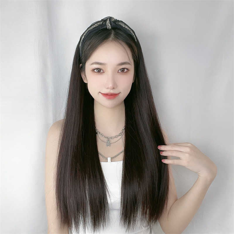 

Women's Hair Wigs Lace Synthetic Wig's Black Hoop Half Hood Wigs Long Straight Hair Lazy Fashion Wig, Natural black