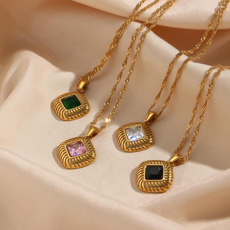 

Pendant Necklaces 2022 Winter Autumn Fashion Square Texture Zircon Necklace Green Black White Pink Vintage Stainless Steel