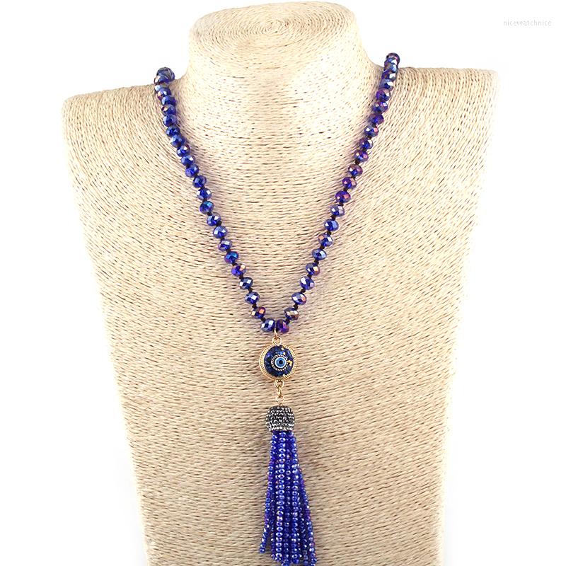 

Pendant Necklaces MOODPC Fashion Bohemian Tribal Artisan Jewelry Crystal Glass Knotted Round Blue Eye Tassel Necklace