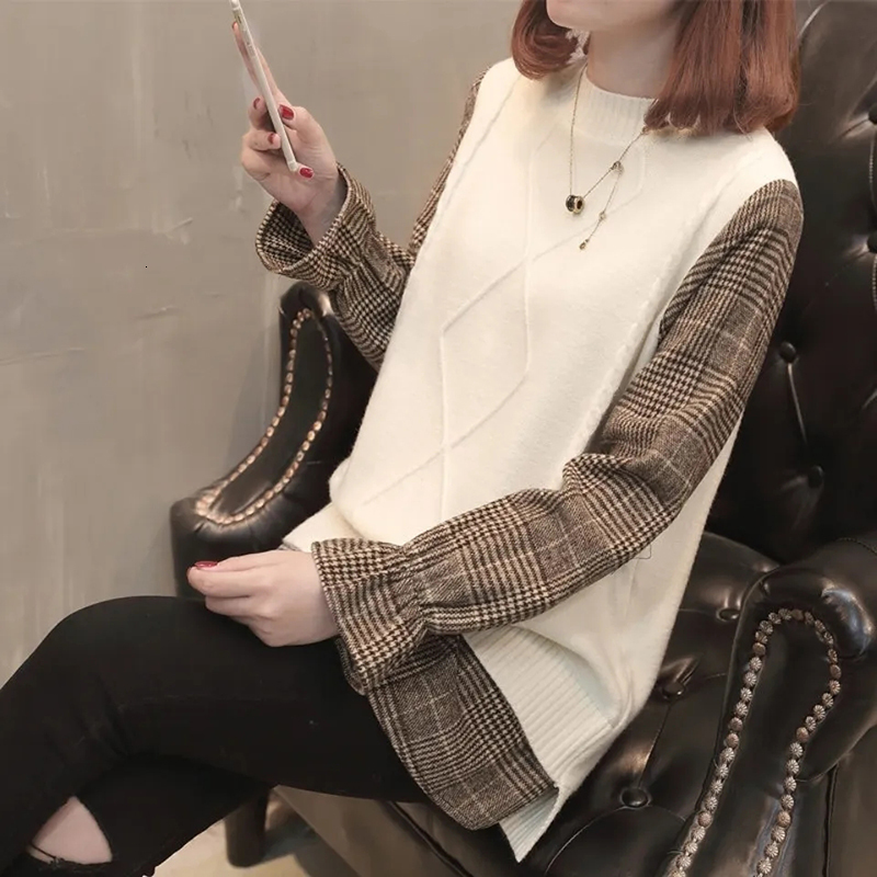 

Women' Sweaters Fake TwoPiece Knitted Sweaters Women' Winter College Wind Long Sleeve Pullovers Woman Loose Patchwork Designer Tops Female 221111, Red