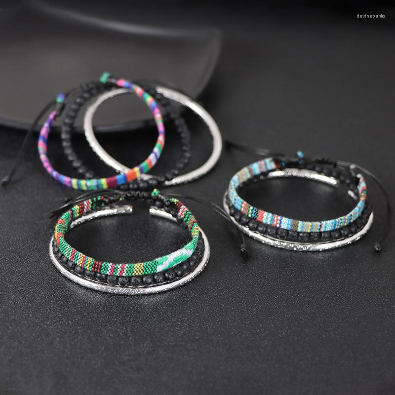 

Strand 3Pcs/ Set Tibetan Buddhism Lucky Knot Rope Men' S Bracelet Natural Volcanic Stone Beads Hand Carve Cuff On