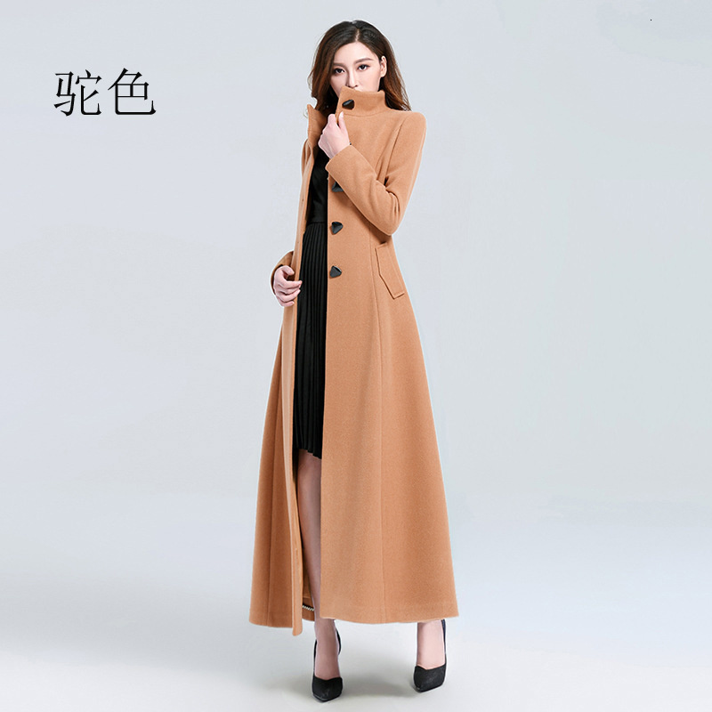 

Women's Wool Blends Autumn And Winter Super Long Stand Collar Slim Waist Fashion Temperament Retro Triangle Buckle Woolen Coat 221114