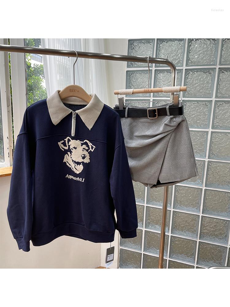 

Women's Tracksuits Korean Fashion Women Two Piece Outfits 2022 Autumn Solid Plaid Shorts With Belt Print Zip Up Lapel Tops Female Sweatshirt, Grey