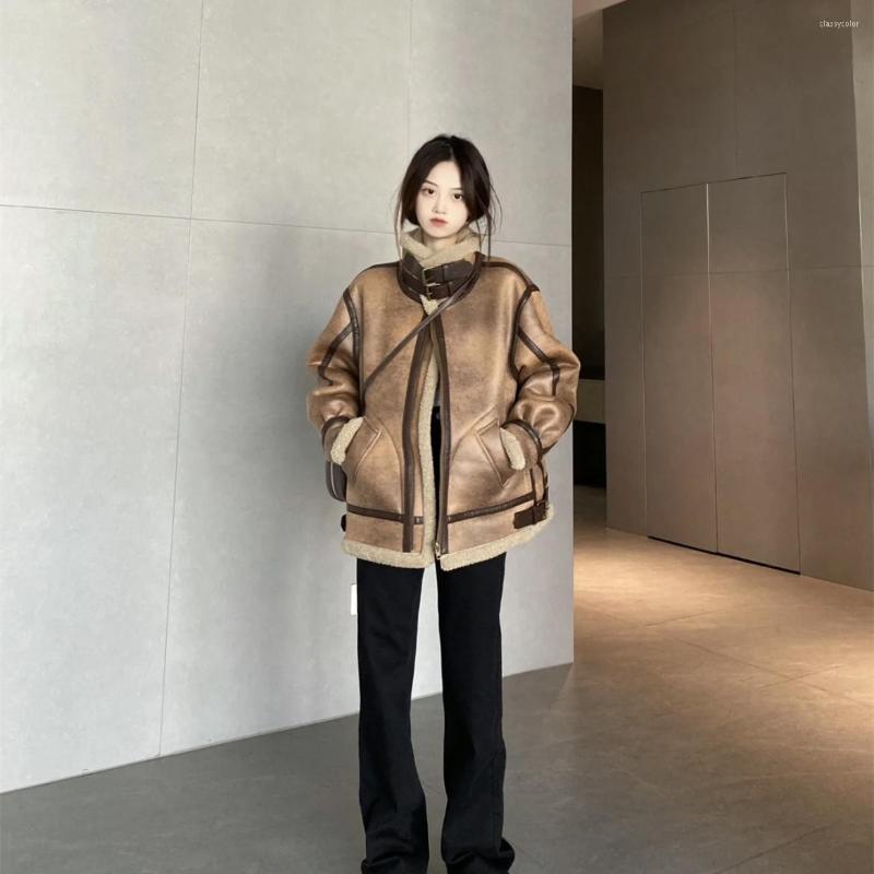 

Women' Leather Women' Winter Sheepskin Coat 2022 Korean Lamb Fur Loose Short Thickened Brown Jacket PU Parkas Female Streetwear, Brown coat