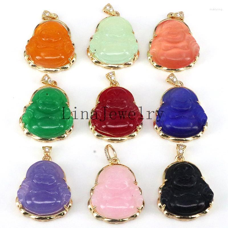 

Pendant Necklaces 5Pcs Colorful Jade Buddha Gemstone Gold Laughting Necklace Charm Laughing Buddhism Religious Jewelry